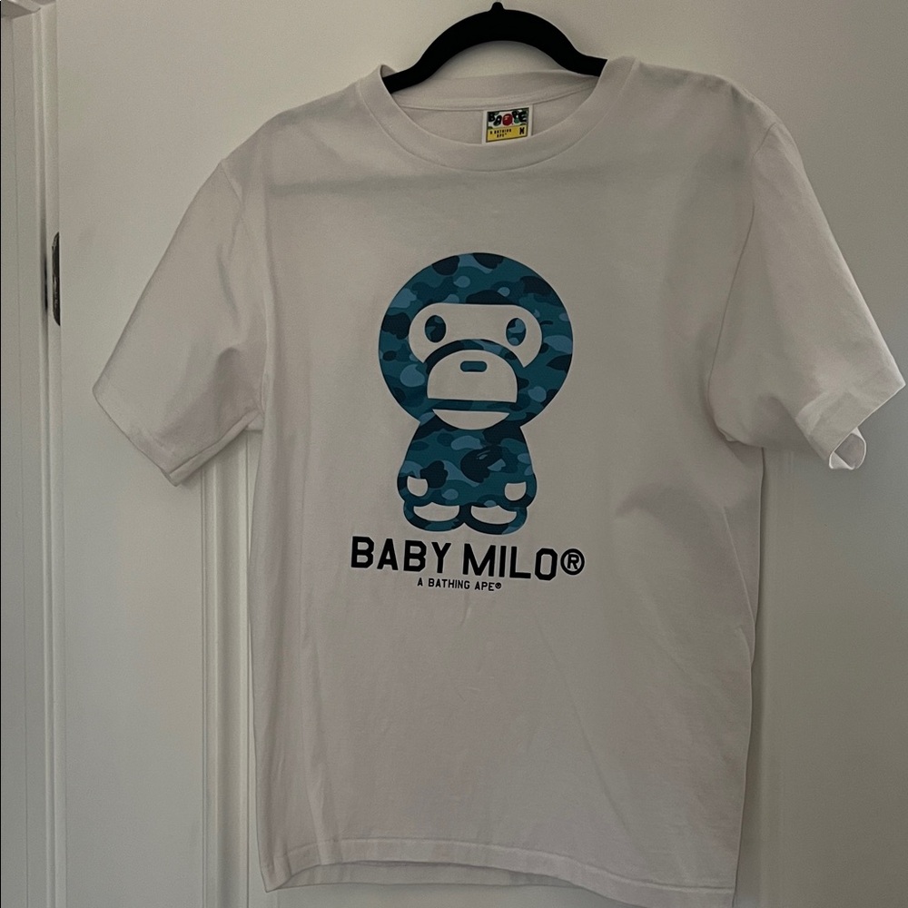 Bape White Tee with Blue Baby Milo Graphic